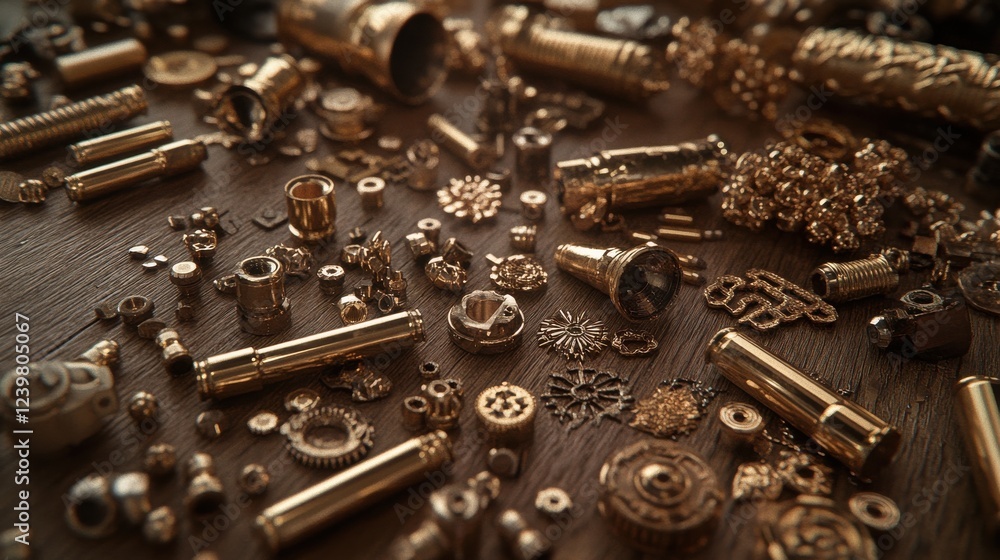 An assortment of bullets of various calibers scattered across a wooden table, with a focus on the intricate details of the casing. An assortment of bullets of various calibers scattered across a wooden table, with a focus on the intricate details of the casing.