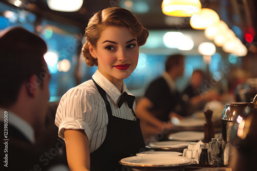 Vintage Charm: A charming waitress with a classic pin-up style, donning a retro uniform and a captivating smile, exudes an air of elegance and timeless allure in a vintage diner setting.  