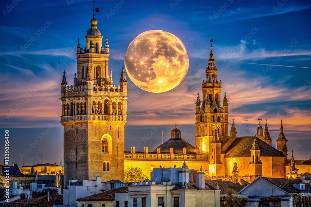 Fototapeta premium Majestic Moonrise Behind Seville's Giralda Tower - Low Light Night Photography