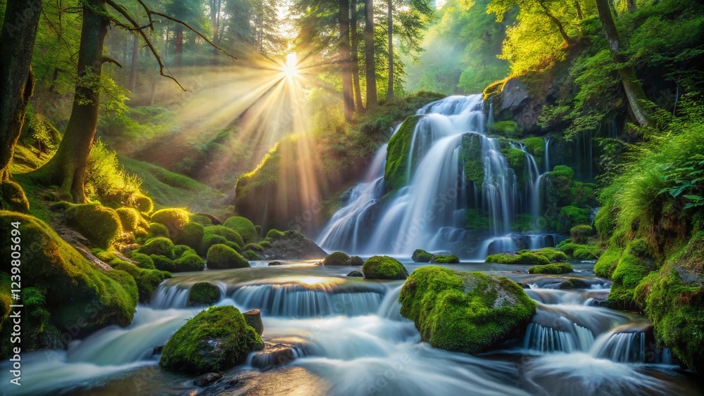 Fototapeta premium Majestic Mountain Waterfall in Lush Forest - Glacial Water Cascading over Rocks