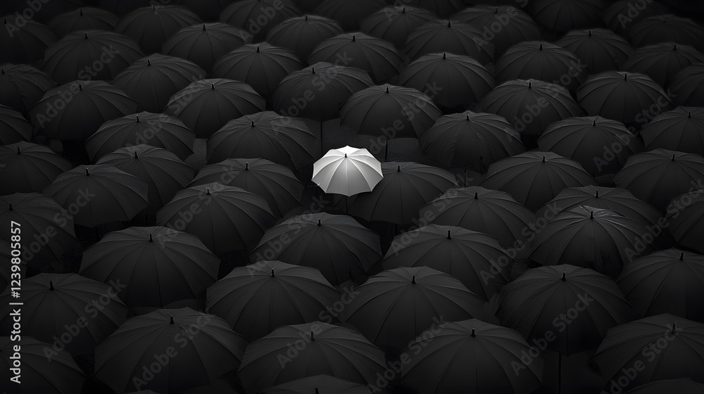 Fototapeta premium Set of Black Umbrellas with a White One in the Middle, Abstract Image, Texture, Pattern Background, Wallpaper, Cover and Screen of Smartphone, PC, Laptop, 9:16 and 16:9 Format