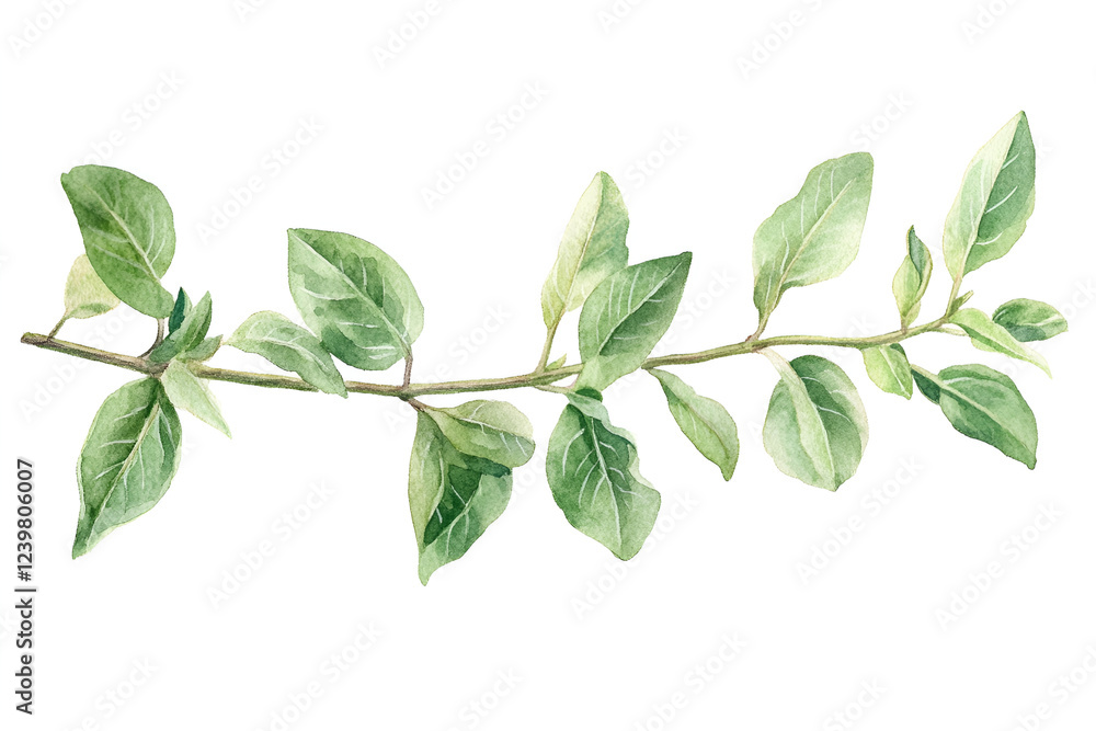 Fototapeta premium Watercolor Green Branch: A delicate branch with vibrant green leaves, rendered in a beautiful watercolor style, creates a visually appealing element for design projects. 