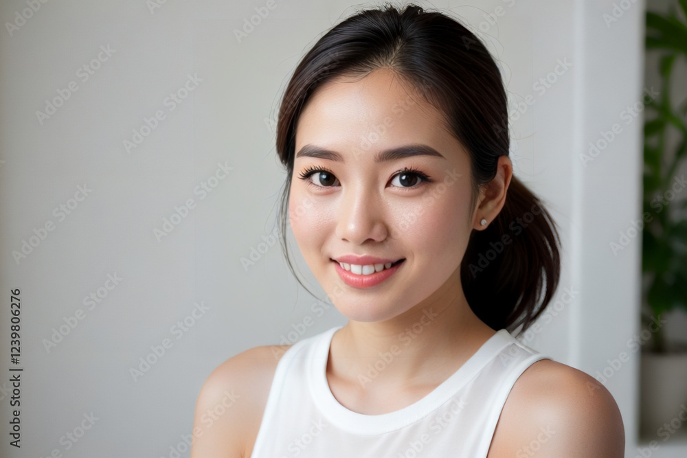 A young Asian woman smiles serenely showcasing natural beauty and positive expression A young Asian woman smiles serenely showcasing natural beauty and positive expression