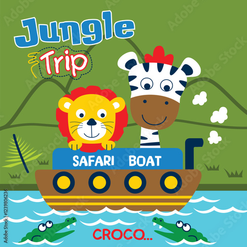 Cartoon lion and zebra on a safari boat surrounded by crocodiles in jungle setting. Children's adventure concept
