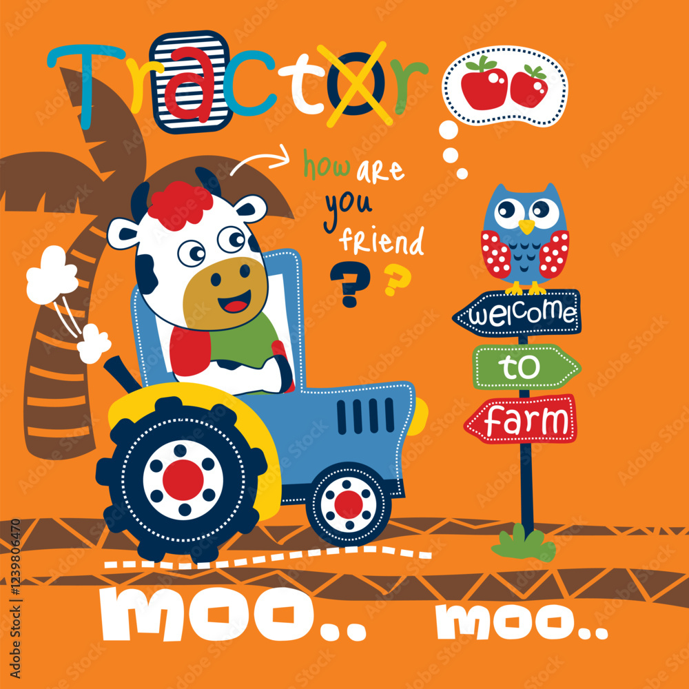 Cartoon cow driving a blue tractor with farm signs and playful design. Children's farming concept
Cartoon cow driving a blue tractor with farm signs and playful design. Children's farming concept