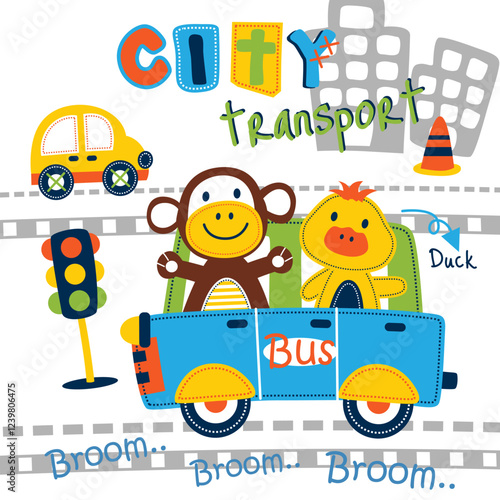 Cartoon monkey and duck riding a blue bus with city transport elements. Children's urban travel concept
