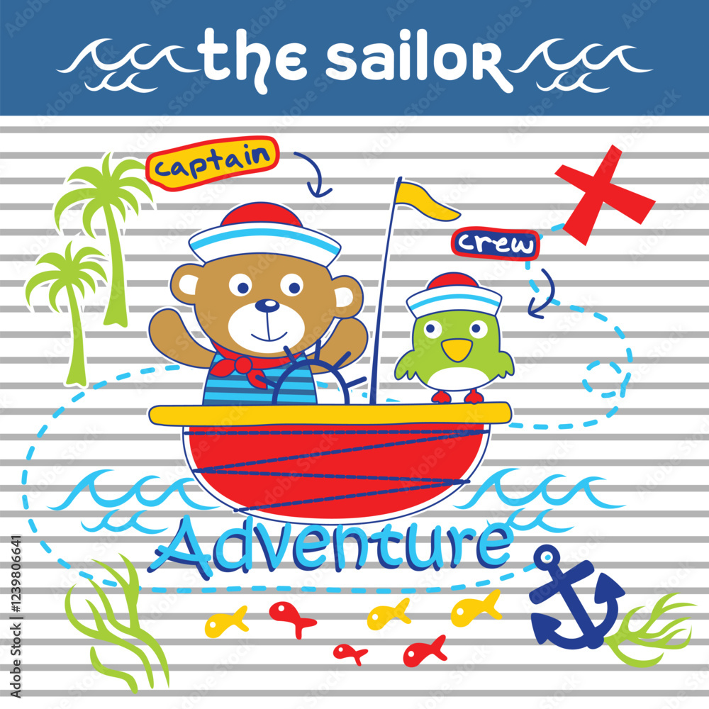 Cartoon bear and bird as sailors on a boat with nautical elements and playful design. Children's sea adventure concept
Cartoon bear and bird as sailors on a boat with nautical elements and playful design. Children's sea adventure concept