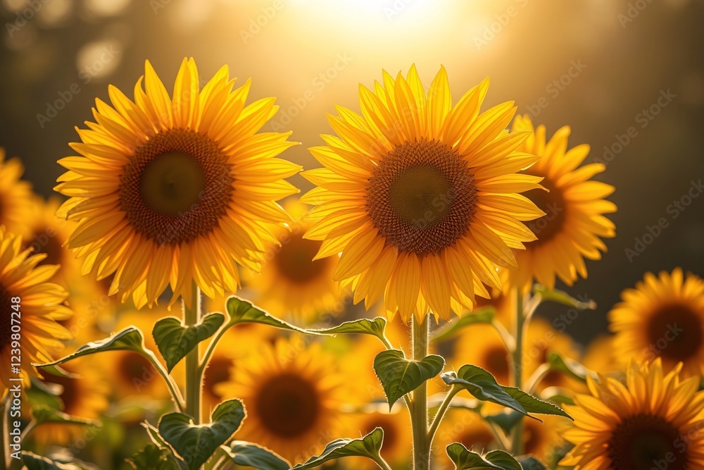 Obraz premium Lush sunflowers blooming under clear sunlight, exuding vibrancy and connection with nature's beauty in a summer field