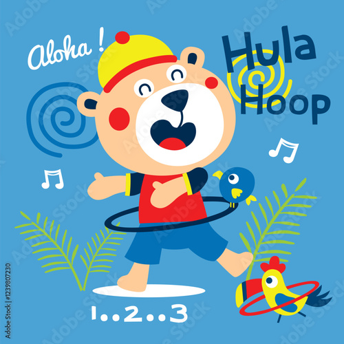 Cartoon bear playing with a hula hoop and birds in colorful playful design. Children's activity concept
