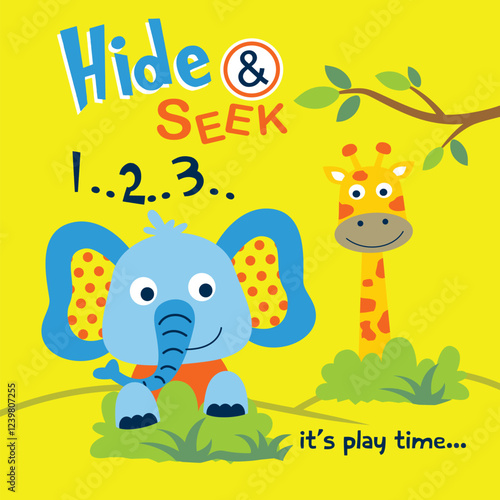 Cartoon elephant and giraffe playing hide and seek in a colorful playful design. Children's game concept
