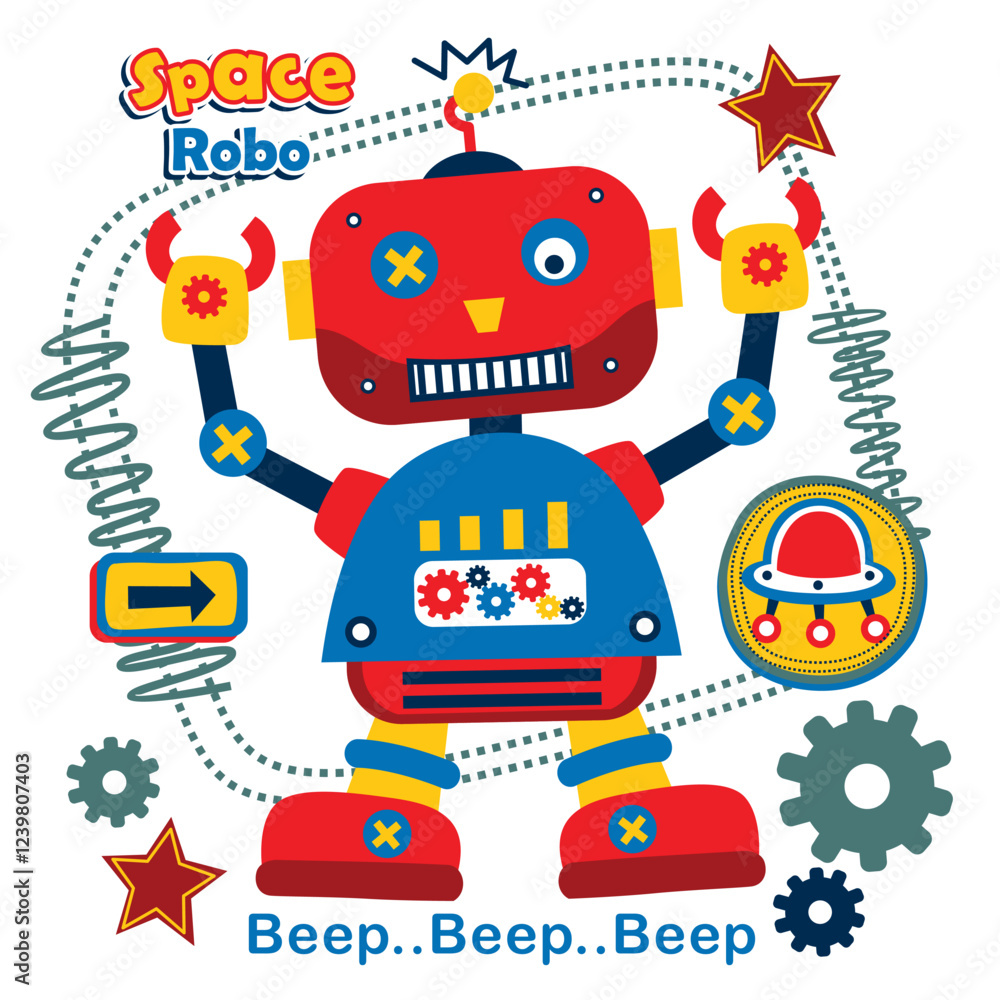 Colorful cartoon robot with gears and stars in space-themed playful design. Children's robotics concept
Colorful cartoon robot with gears and stars in space-themed playful design. Children's robotics concept