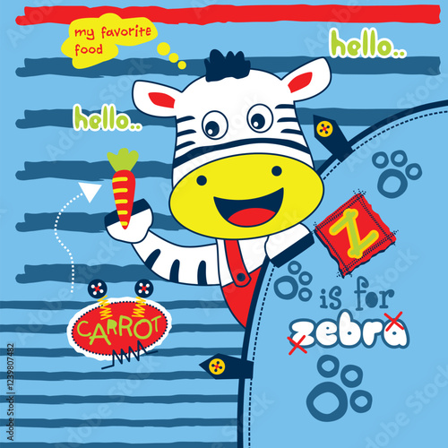 Cheerful cartoon zebra holding a carrot with playful text and bright colors. Children's education concept
