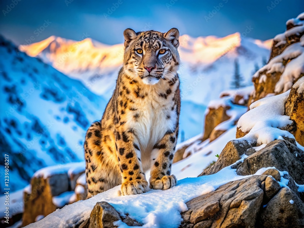 Obraz premium Majestic Snow Leopard in Harsh Winter Landscape: A Documentary Photography Style Image
