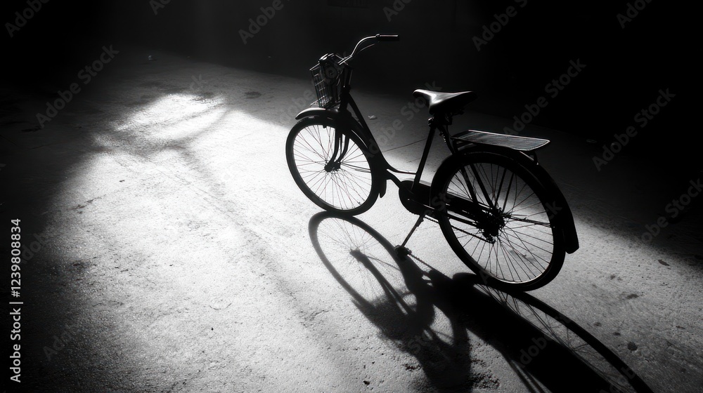 Obraz premium Vintage bicycle in dark room, illuminated by light beams, casting a long shadow on the floor.