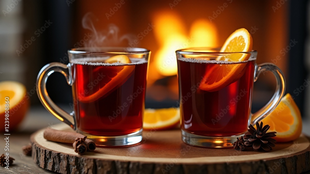 Two steaming glasses of mulled wine near a crackling fireplace, with orange slices and cinnamon sticks, creating the perfect cozy winter night atmosphere. Two steaming glasses of mulled wine near a crackling fireplace, with orange slices and cinnamon sticks, creating the perfect cozy winter night atmosphere.