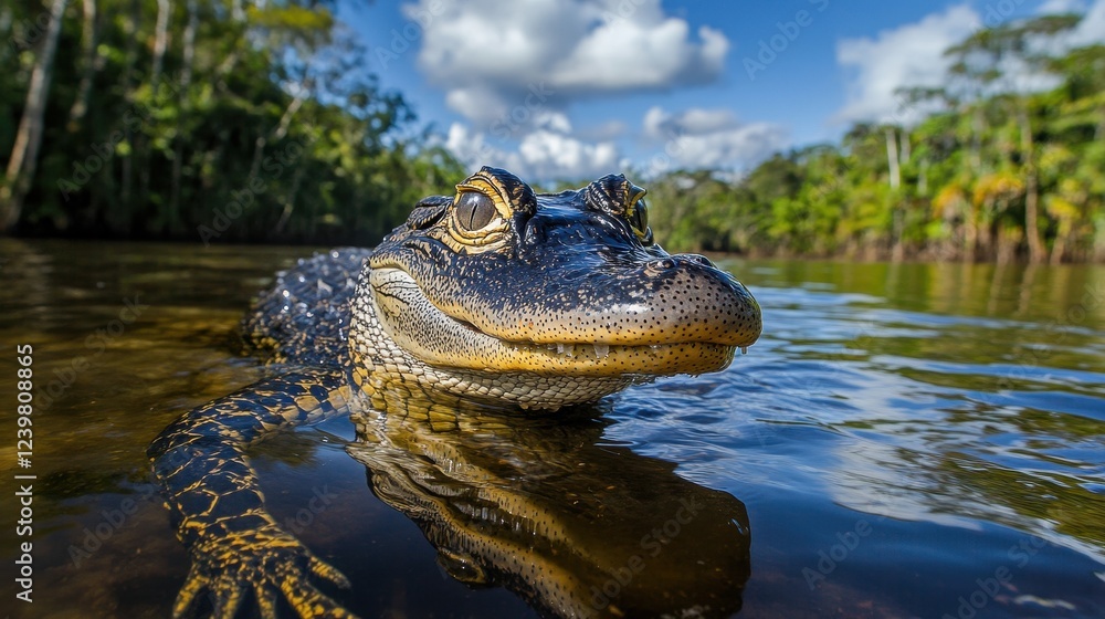 Fototapeta premium Close-up of a young alligator in a river. Perfect for wildlife, nature, and reptile documentaries.