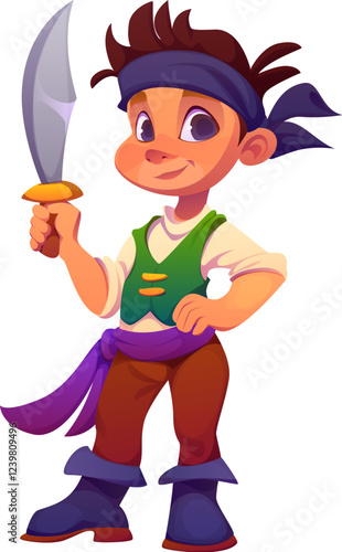 Cartoon kid pirate or corsair character with saber sword, vector captain sailor personage. Happy funny boy in pirate or corsair party costume with kerchief bandana as skipper or boatswain character