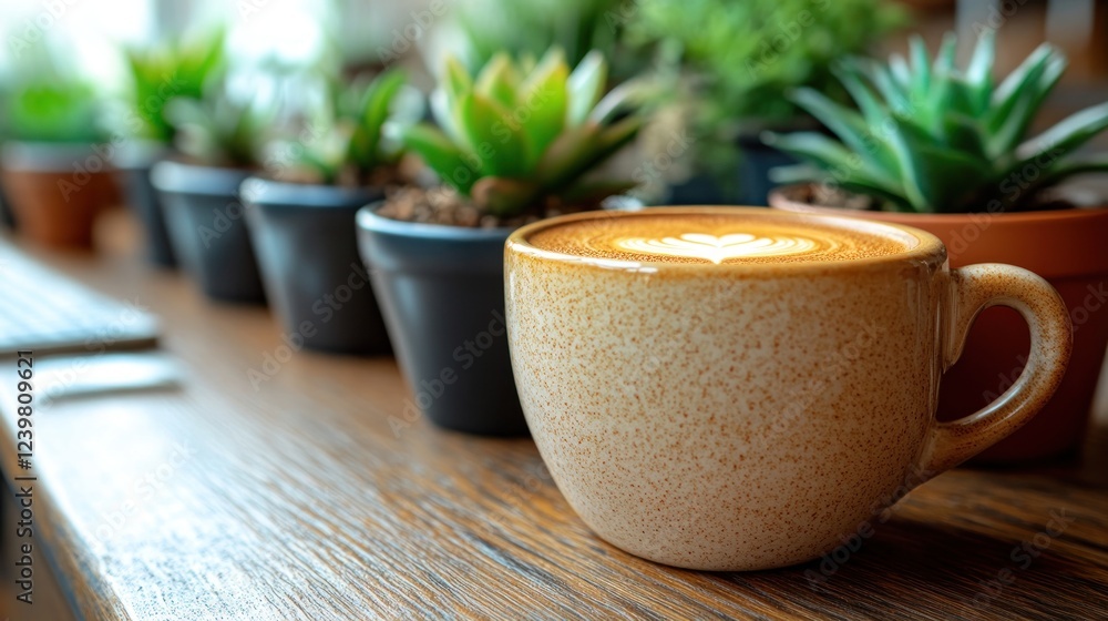 Latte art in beige cup on wooden table with succulents. Latte art in beige cup on wooden table with succulents.