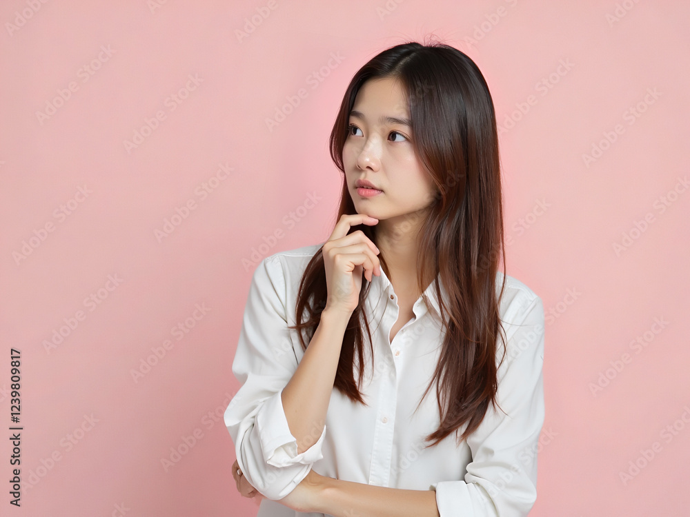 Thoughtful young asian woman in white shirt posing against pink background Thoughtful young asian woman in white shirt posing against pink background