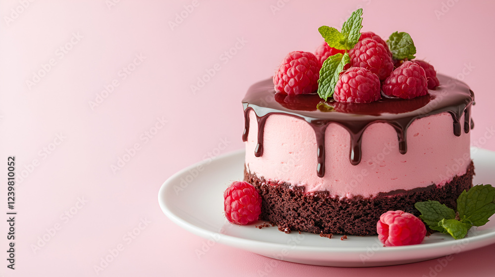 Raspberry Chocolate Cake Delight: A delectable raspberry mousse cake, adorned with fresh raspberries and a rich chocolate ganache, sits elegantly on a white plate against a soft pink backdrop. Raspberry Chocolate Cake Delight: A delectable raspberry mousse cake, adorned with fresh raspberries and a rich chocolate ganache, sits elegantly on a white plate against a soft pink backdrop.
