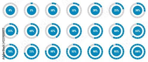 Pie chart icon. Circle percentage diagrams with 0 to 100%.  Set of circle percentage diagrams for infographics 0 10 20 30 40 50 60 70 80 90 100 %. Loading progress bar. Percentage circle set. Download
