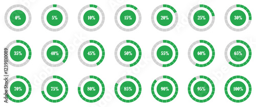 Set of circle percentage diagrams symbol collection. Pie chart infographic.  Circle loading or circle progress set. Circular Progress Bars Representing Percentage Completion from 0 to 100 percent.