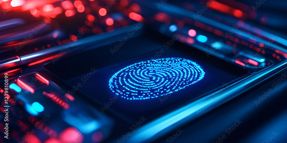Obraz premium Futuristic fingerprint scanning technology with blue cyber glow, AI-powered biometric security system