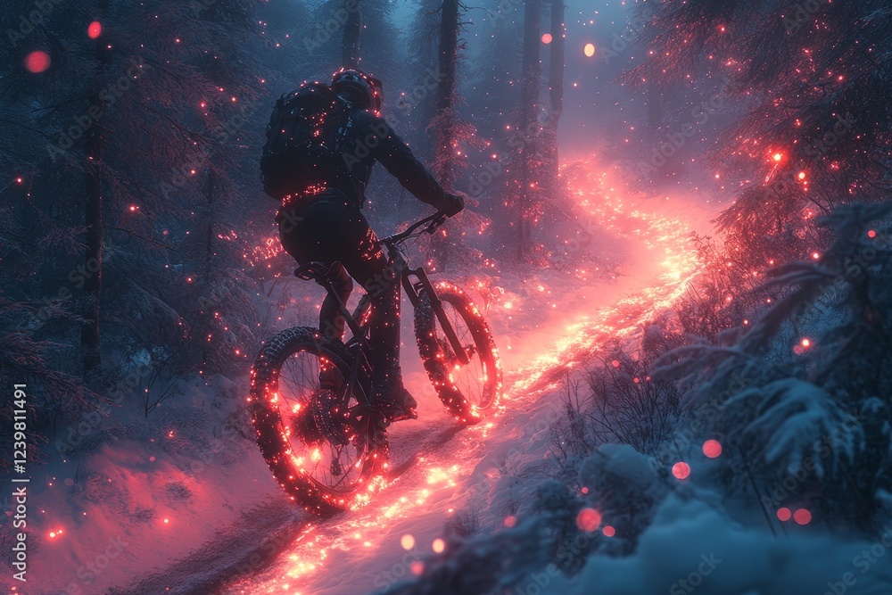 Fototapeta premium Cyclist rides snowy forest trail, glowing lights, winter adventure