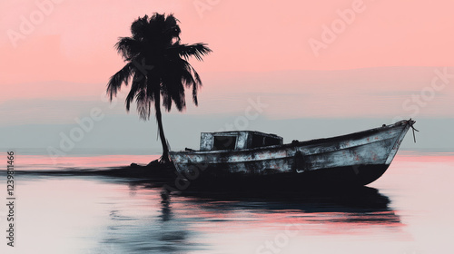 serene boat and palm tree silhouette at sunset