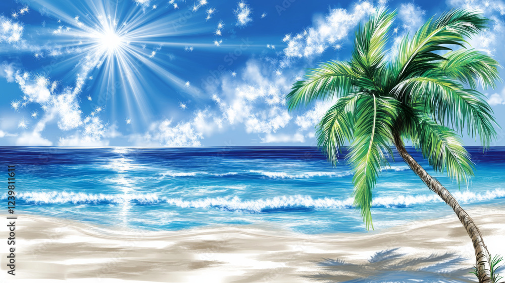Fototapeta premium Sunny beach with palm tree and ocean waves