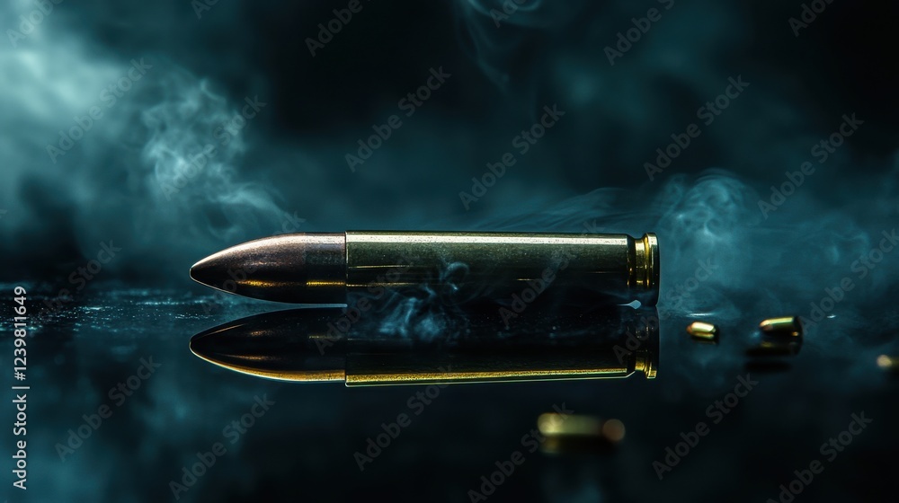 A single bullet lying horizontally on a reflective black surface, surrounded by faint smoke trails for a dramatic and moody effect. A single bullet lying horizontally on a reflective black surface, surrounded by faint smoke trails for a dramatic and moody effect.