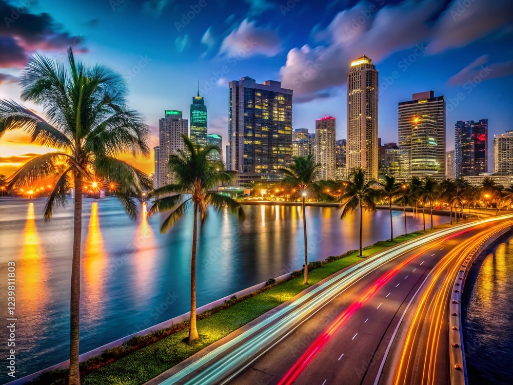 Fototapeta premium Miami Nightscape: Long Exposure City Lights & Ocean Reflections