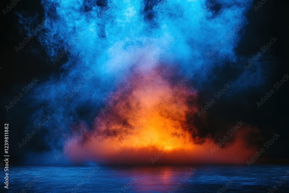 Dramatic blue and orange smoke fills the frame, reflecting on a dark surface. Ideal for album art, fantasy, or abstract design projects needing a mysterious atmosphere. Dramatic blue and orange smoke fills the frame, reflecting on a dark surface. Ideal for album art, fantasy, or abstract design projects needing a mysterious atmosphere.