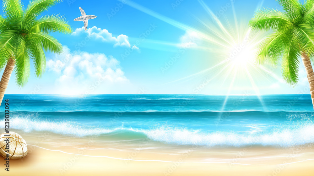 Obraz premium Sunny beach with palm trees and ocean waves