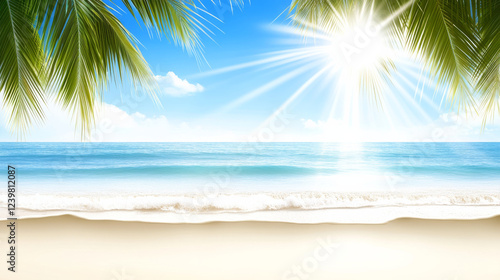 Sunny beach with palm leaves and blue ocean