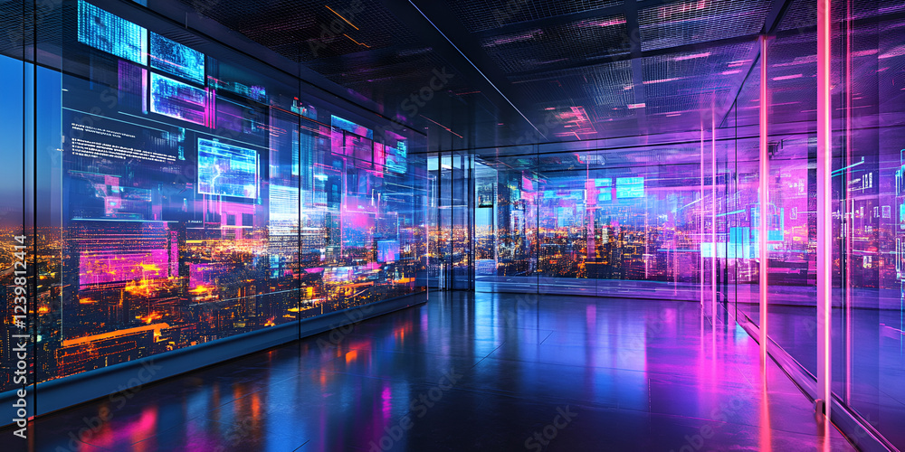 Fototapeta premium Futuristic smart office with digital data projections, High-tech glass office with virtual cityscape interface