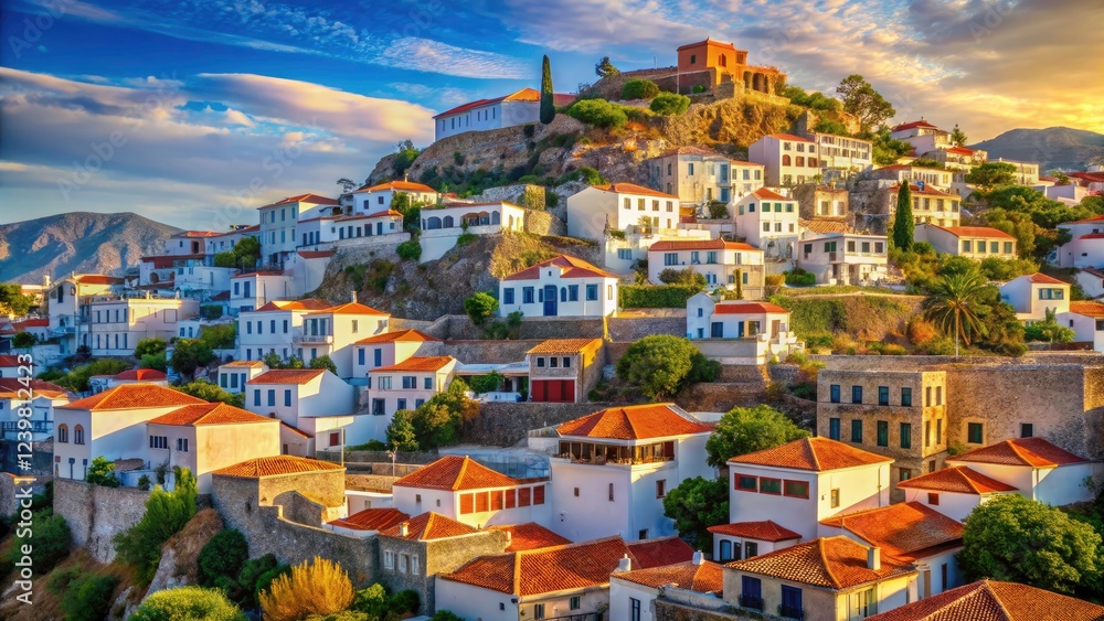 Obraz premium Traditional Hydra houses, Aegean backdrop, Saronic Gulf's beauty captured in stunning architectural portraits.