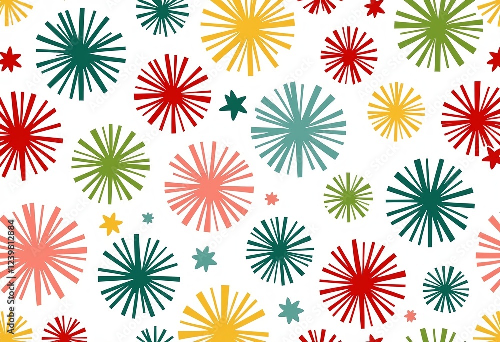 Simple Fireworks Pattern: Cute New Year's Day Design, Red Green Yellow Blue Pink Colors, White Background, Seamless Repeating Tile, Fabric Material, Isolated Pastel, Celebratory Wallpaper Art.
Simple Fireworks Pattern: Cute New Year's Day Design, Red Green Yellow Blue Pink Colors, White Background, Seamless Repeating Tile, Fabric Material, Isolated Pastel, Celebratory Wallpaper Art.