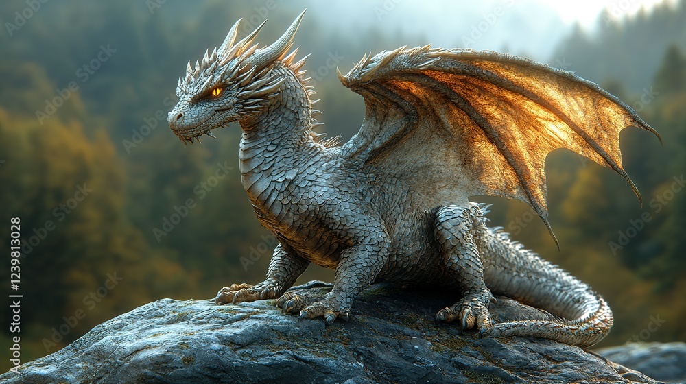 Majestic Silver Dragon Perched Upon a Rock Majestic Silver Dragon Perched Upon a Rock