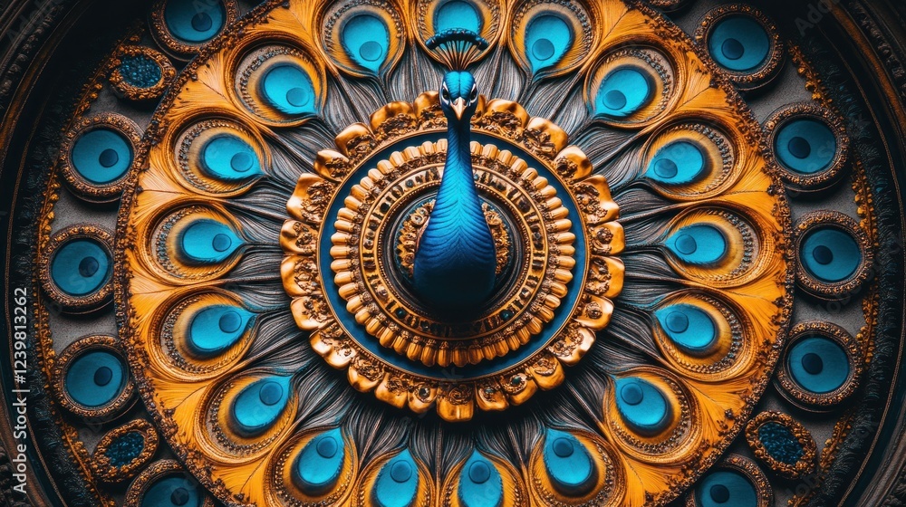 Peacock mandala art, ornate gold and blue design. Peacock mandala art, ornate gold and blue design.