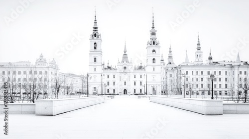 Snowy Cathedral Square, city buildings, winter scene, travel postcard