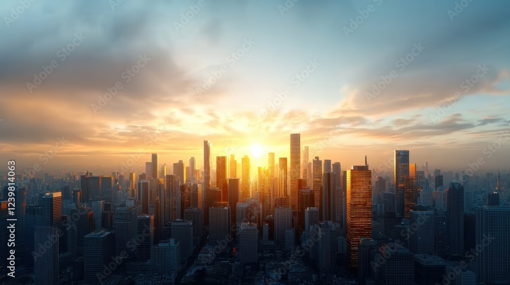 Fototapeta premium Futuristic cityscape with shimmering glass and steel skyscrapers reaching towards the sky against a backdrop of a vibrant sunset or sunrise The urban landscape showcases the development growth