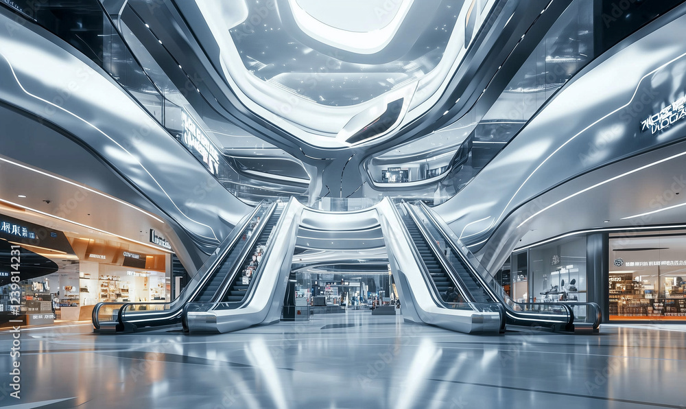 Fototapeta premium Futuristic Shopping Mall with Interactive Digital Displays, The Future of Retail and Shopping Technology