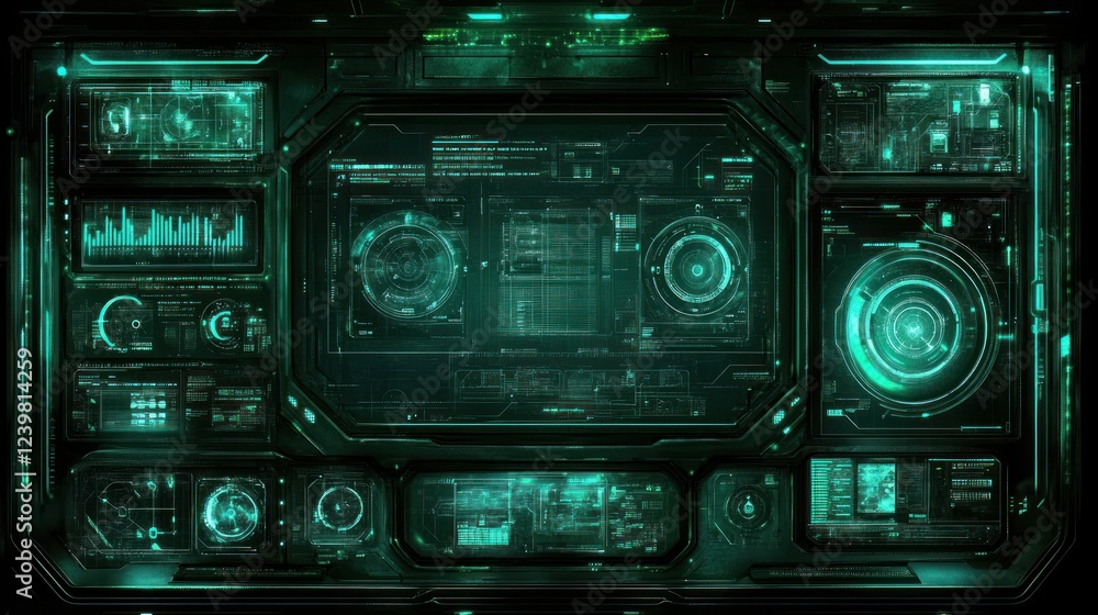 Fototapeta premium Futuristic green tech control panel interface with glowing digital data displays.