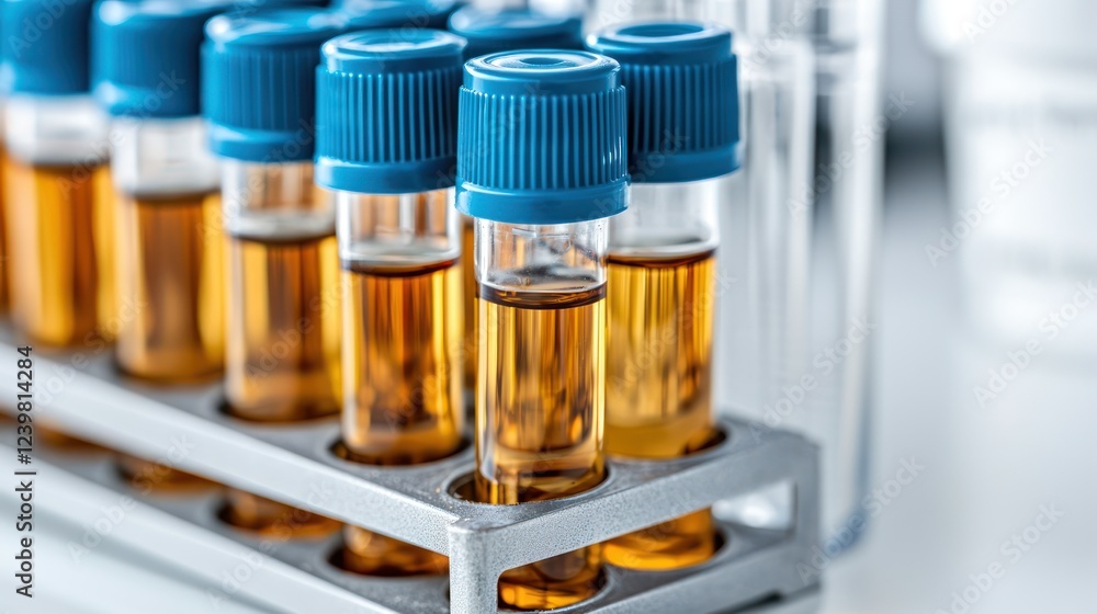 Test tubes with amber liquid in a laboratory setting for scientific analysis. Test tubes with amber liquid in a laboratory setting for scientific analysis.