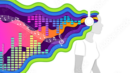 Paper cut woman with music waves in hairs. 3d vector papercut girl wearing headphones with colorful musical waves flowing from her hair and equalizer pattern, embodies inspiration and imagination