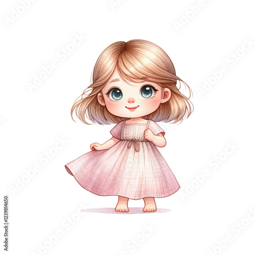 A charming young girl in a playful pose, wearing a lovely pink dress, evoking innocence and joy.