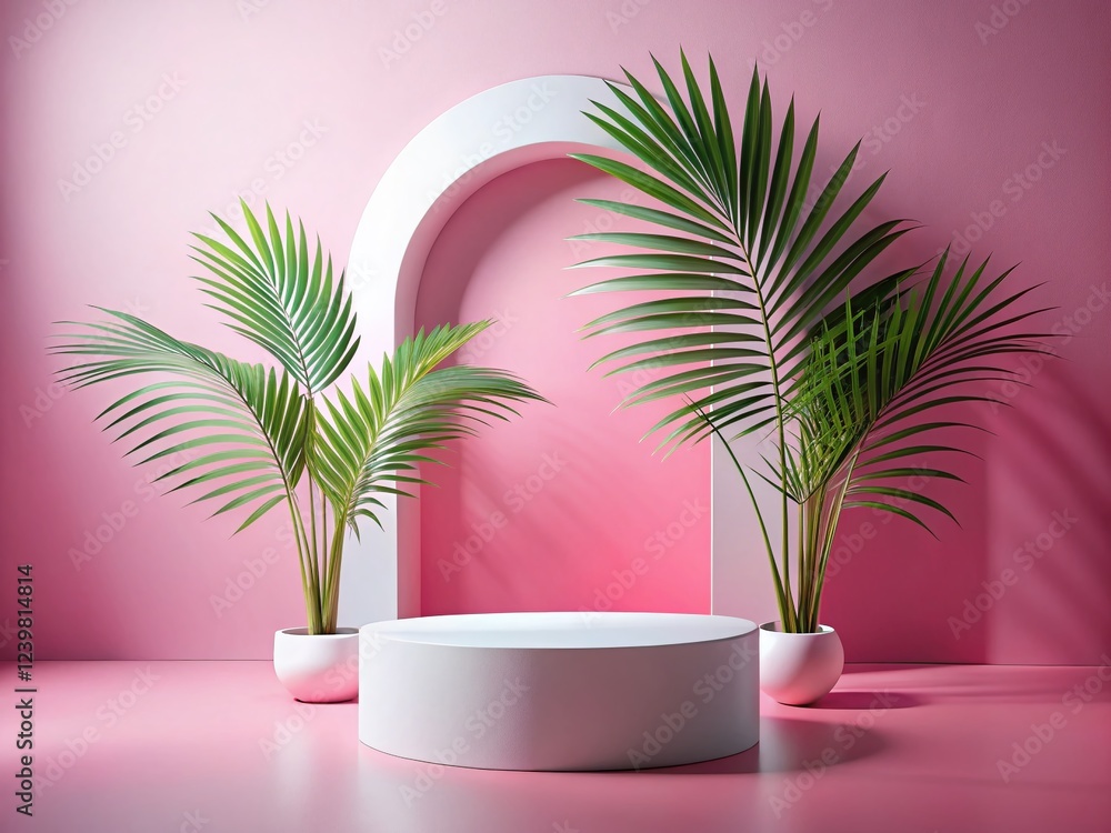 Minimalist Display Podium with Palm Leaf and Geometric Shapes Minimalist Display Podium with Palm Leaf and Geometric Shapes