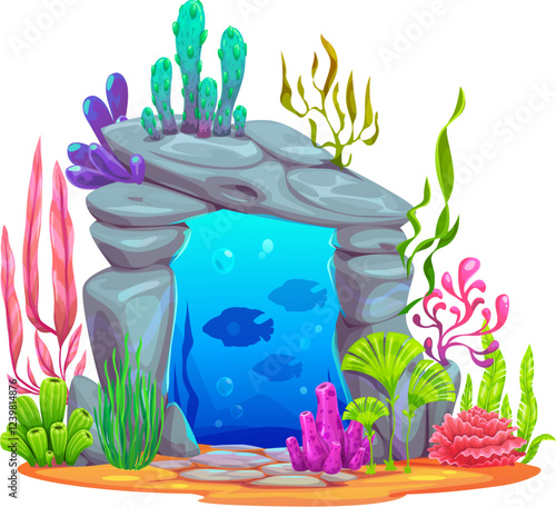 Underwater sea portal in stone gate for magic game or undersea fantasy, cartoon vector. Underwater game element of water portal in rock cave or stone arch with fishes and seaweeds of coral reef