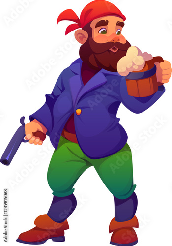 Cartoon pirate sailor or corsair captain with beer mug and gun, vector character. Caribbean pirate, boatswain man and corsair filibuster character in bandana drinking ale beer with musket pistol gun